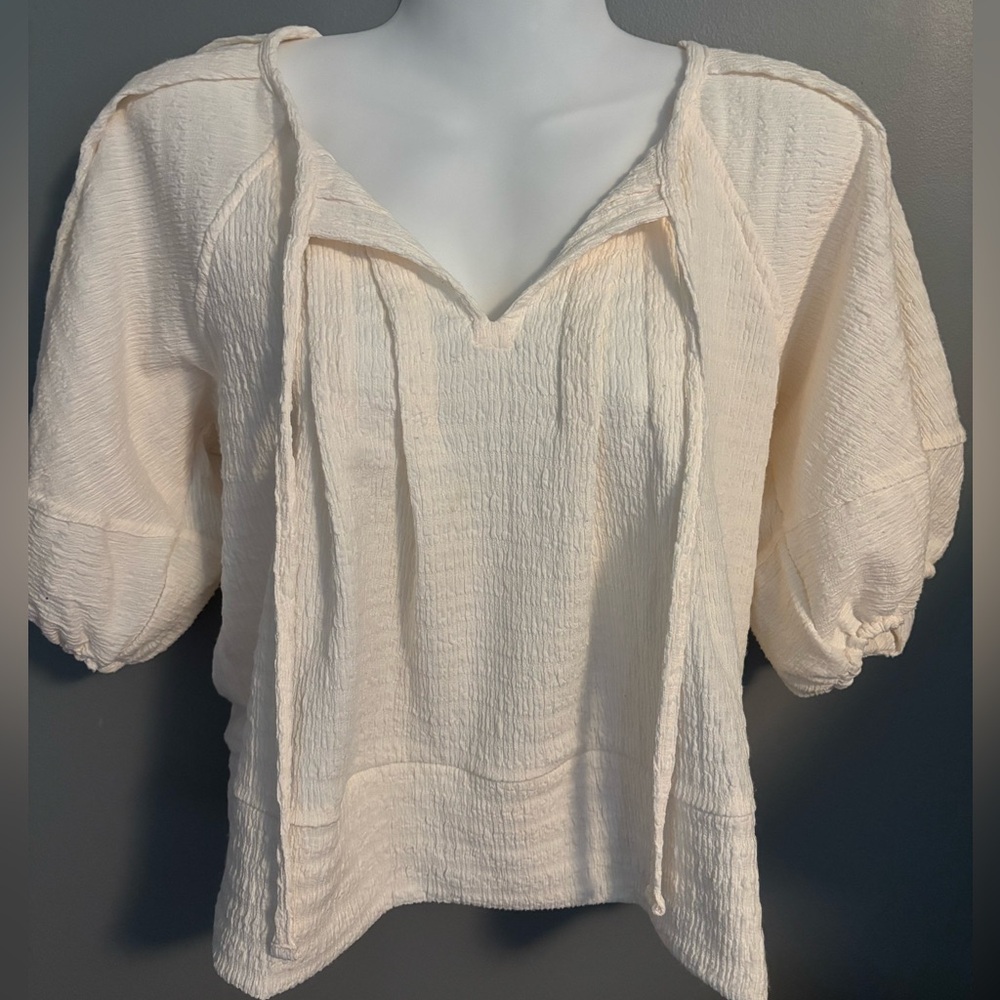Loft - Textured Blouse with Split Tie Neck & Puff Sleeves